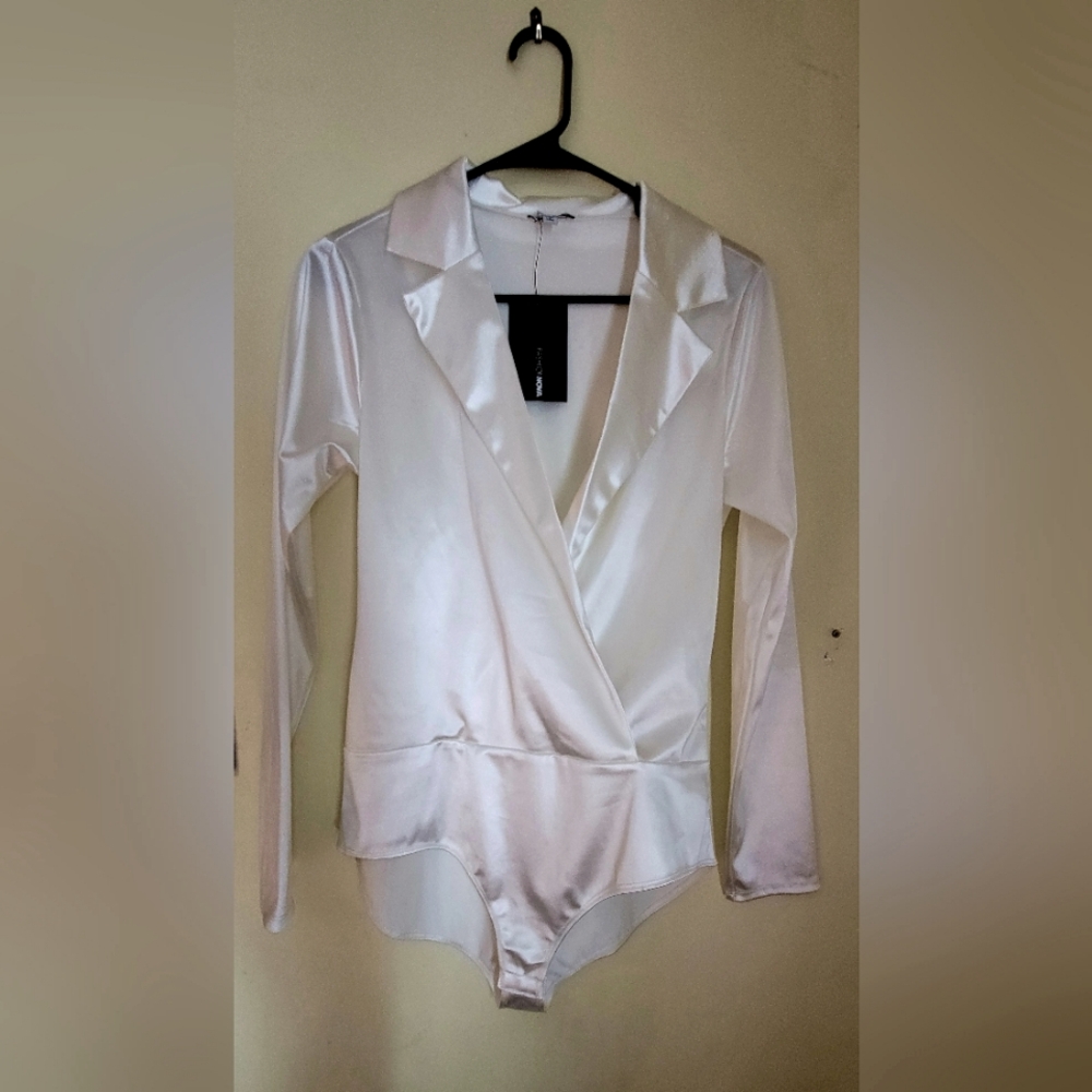 White satin collared bodysuit
